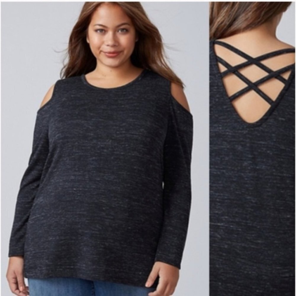 NWT Lane Bryant Cold Shoulder Crisscross Back Dark Gray Top Size 14